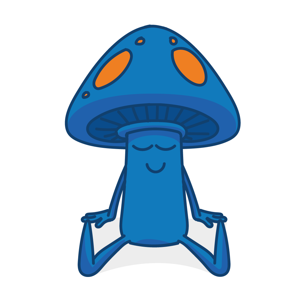 shrooma the mushroom sitting with eyes shut smiling